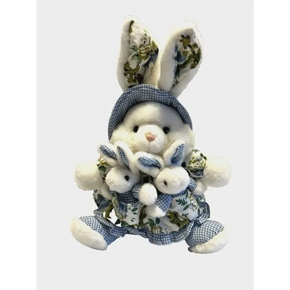 Vtg Kuddle Me Toys Stuffed Plush Rabbit Gingham Dress Baby Bunnies